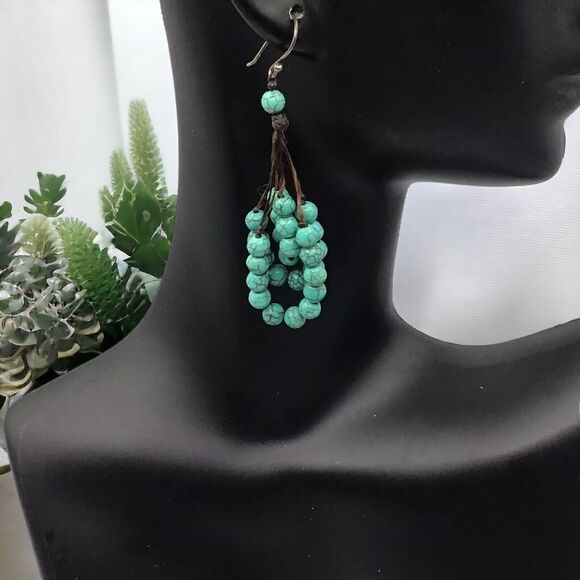 Fashion Turquoise Colored And Silvertone Native Style Earrings Boho Retro Dangle - Picture 1 of 16